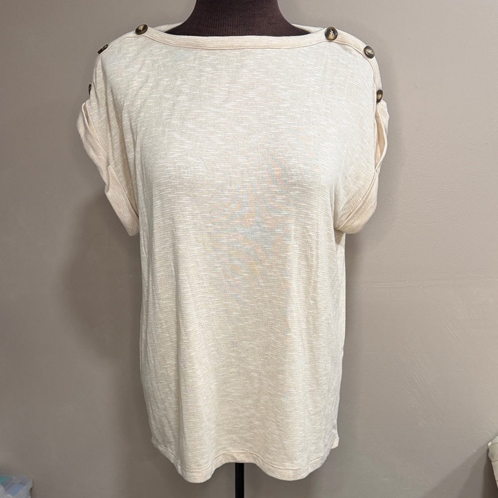 Kaileigh Cream Short Sleeve Top with Button Accents medium